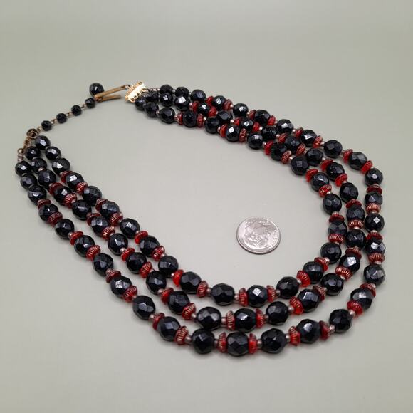 Vintage Western Germany Black Red Bead Necklace, 1950s, 15 Inch - Picture 11 of 13